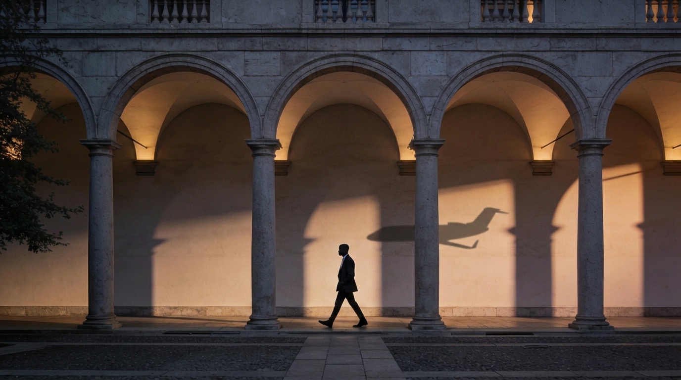 A figure walks through a colonnaded stone courtyard at dusk, with the soft shadow of a private jet passing overhead on the wall behind him.