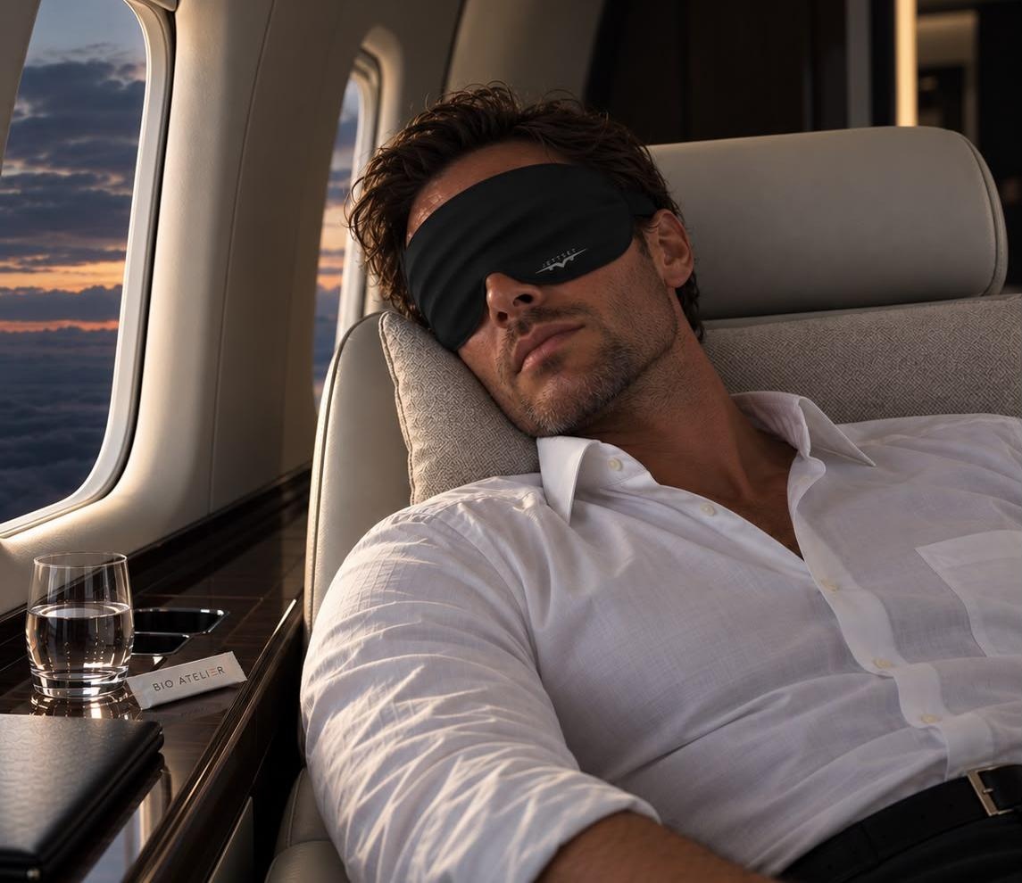 Guests in a Jettset cabin using LED light therapy masks and compression recovery therapy during flight