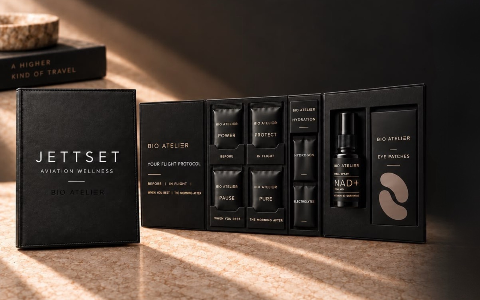 Jettset Aviation Wellness kit, in partnership with Bio Atelier, open flat-lay showing the full monthly protocol
