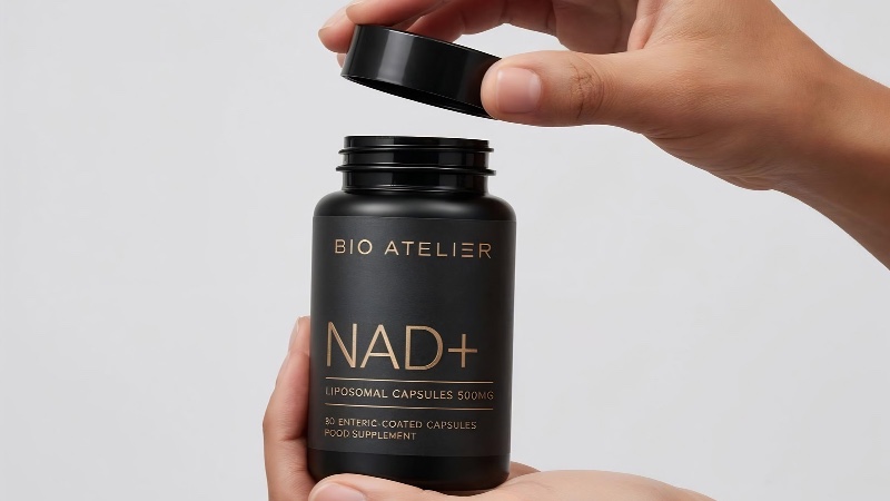 Hands opening a Bio Atelier NAD+ supplement bottle