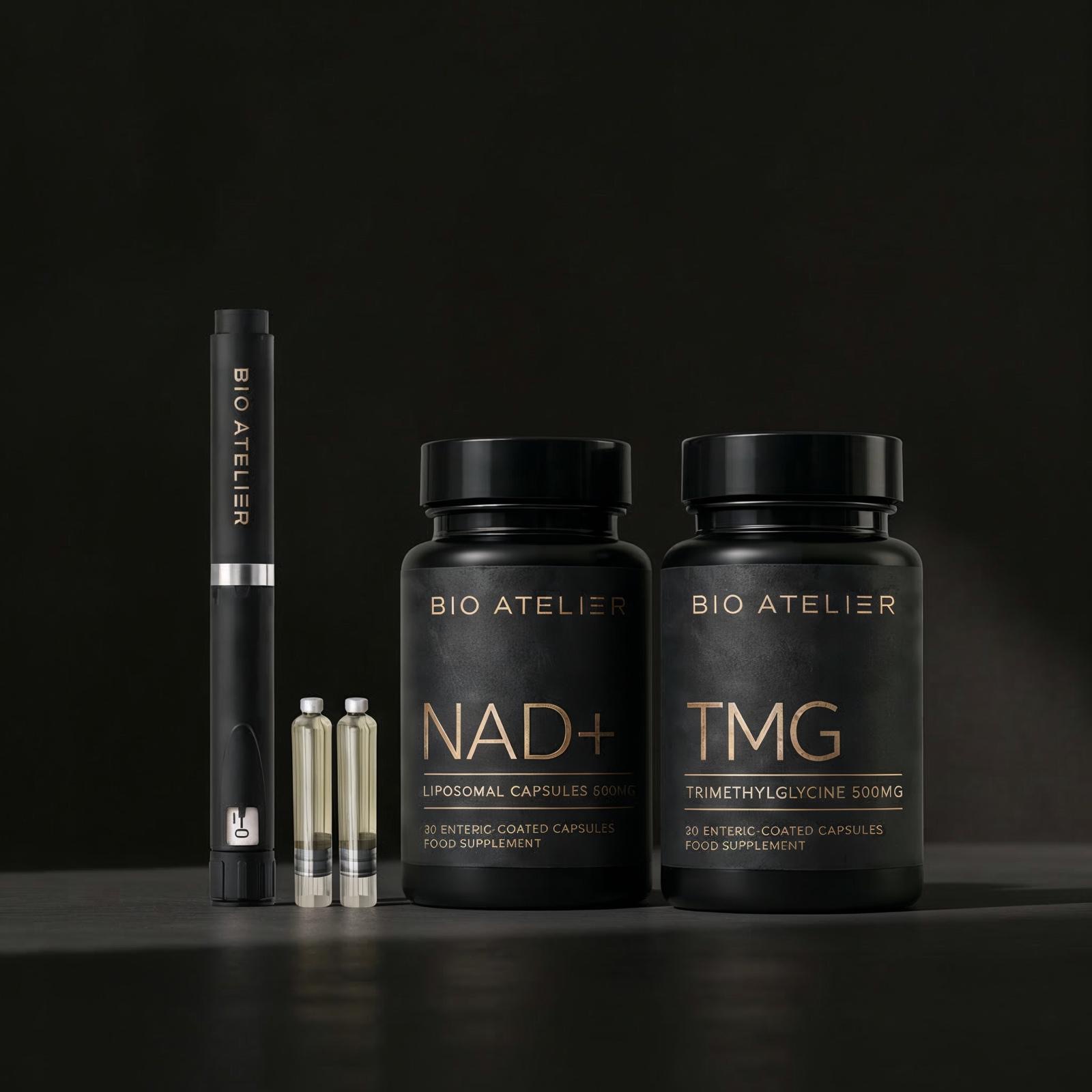 Bio Atelier NAD+ and TMG, presented with the delivery pen and vials, in premium editorial still-life