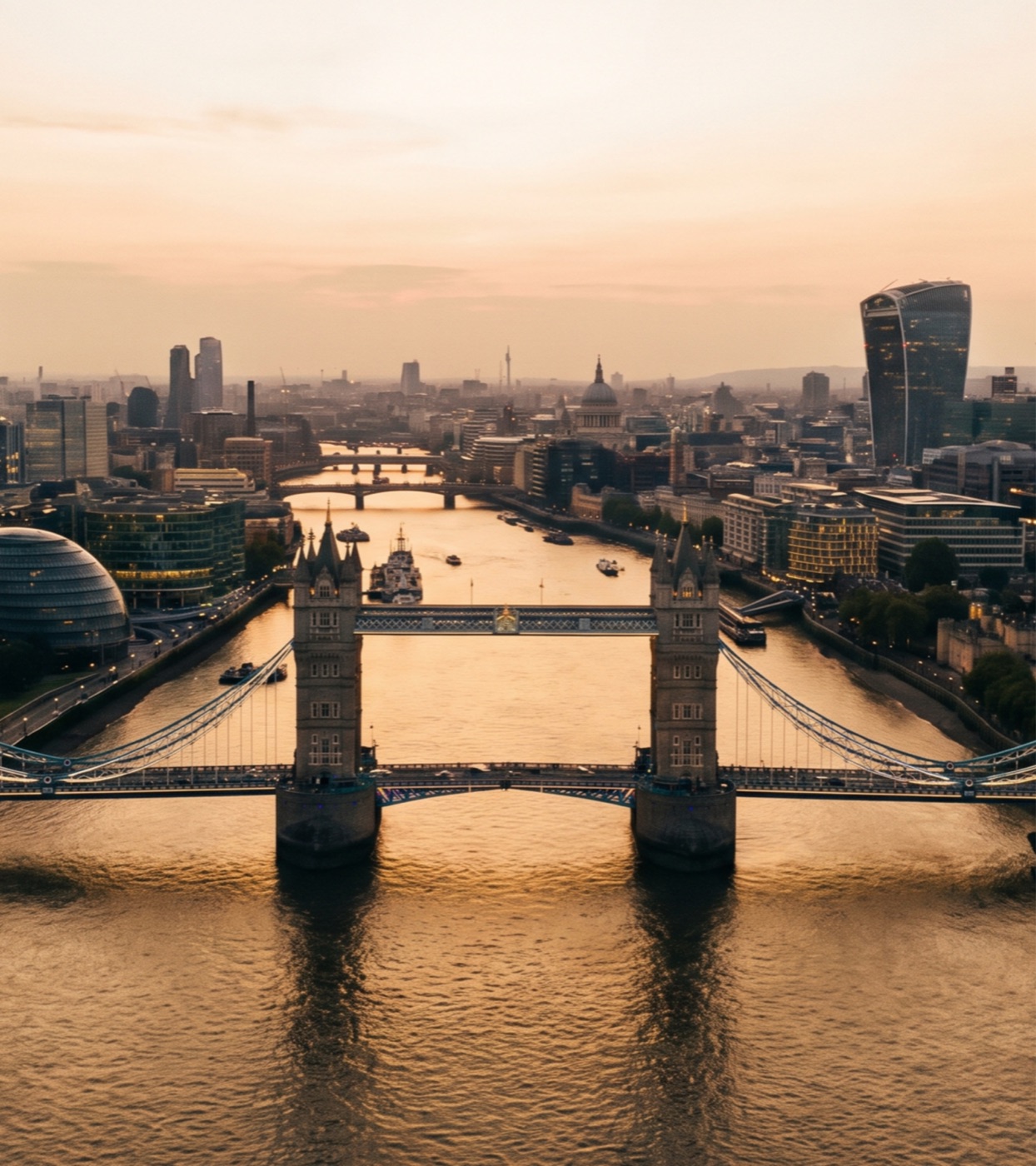 Aerial view of Tower Bridge and the River Thames, London, at dusk