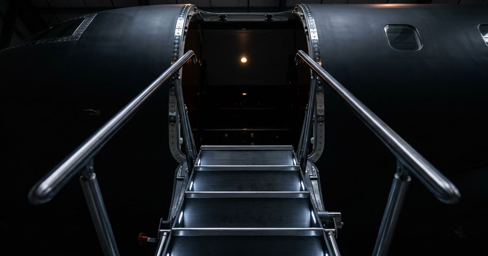 Straight-on view of an open aircraft airstair leading up into the cabin, Jettset Global Access Partners programme