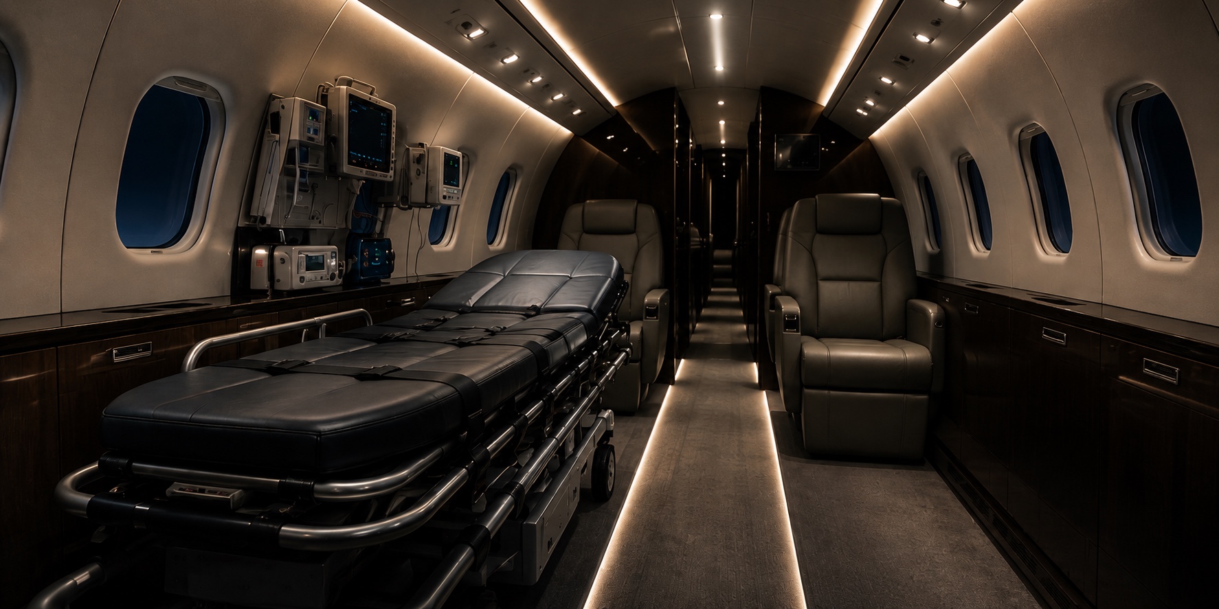 Medical stretcher and monitoring equipment configured inside a private aircraft cabin