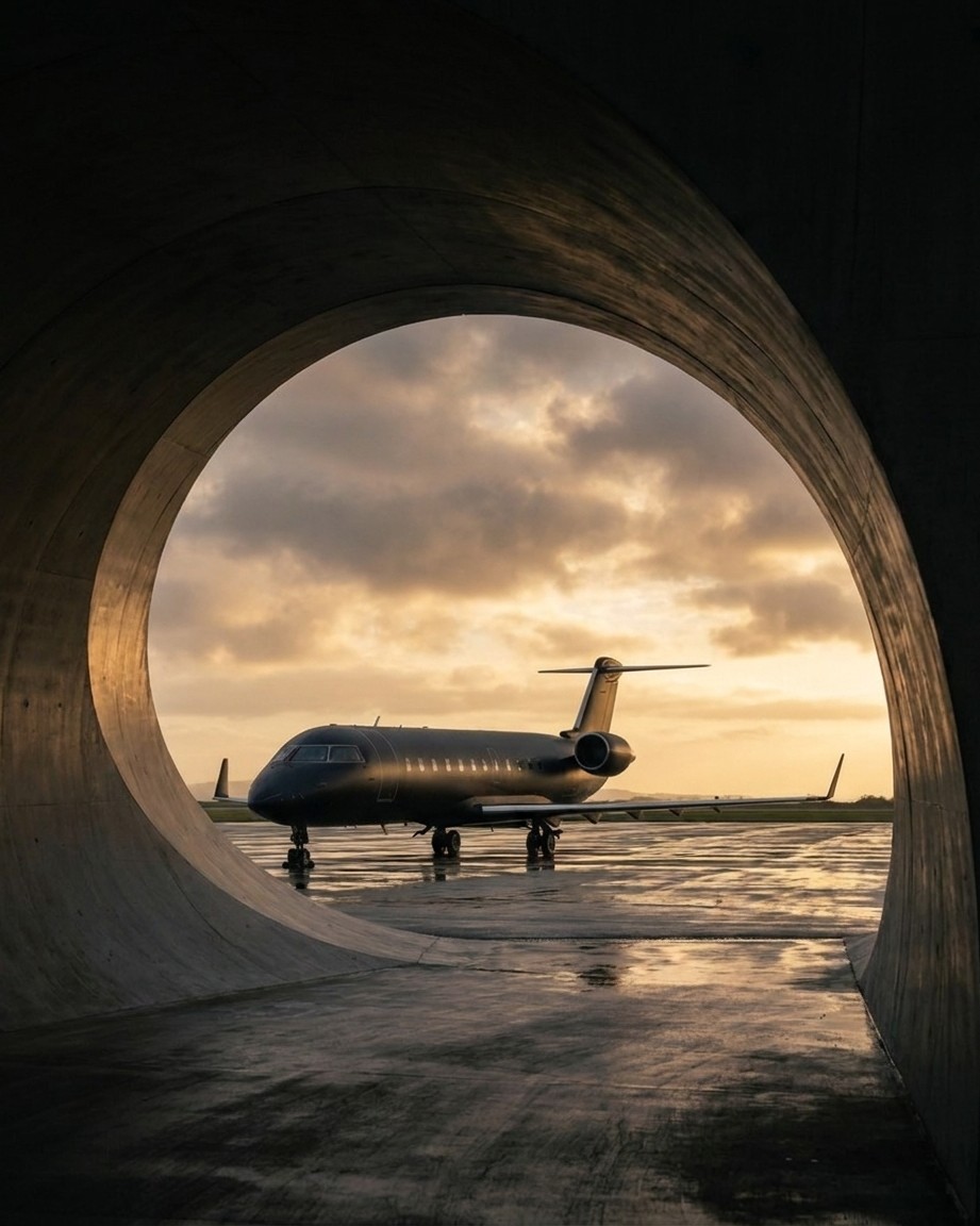 A private jet glimpsed through a sculptural curved concrete opening at dusk